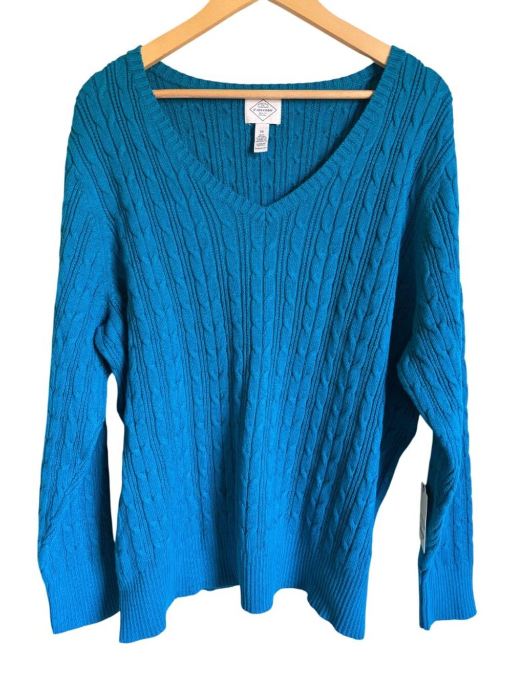 New! St. John's Bay V-Neck Cable knit Turquoise Teal Pullover Sweater 3X Cotton